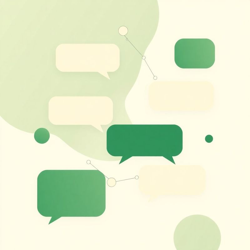 Abstraktní ilustrace propojených chat bublin a uzlů workflow v zelených a krémových tónech